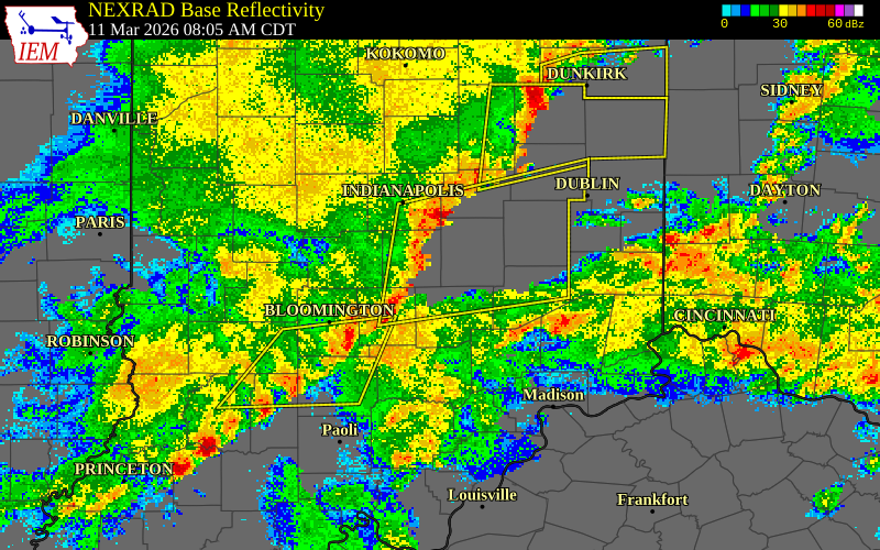 NEXRAD radar during the Wednesday, March 11, 2026 storm activity in Johnson County, Indiana