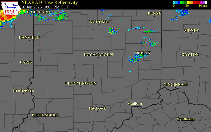 NEXRAD radar during the Wednesday, June 10, 2026 storm activity in Johnson County, Indiana