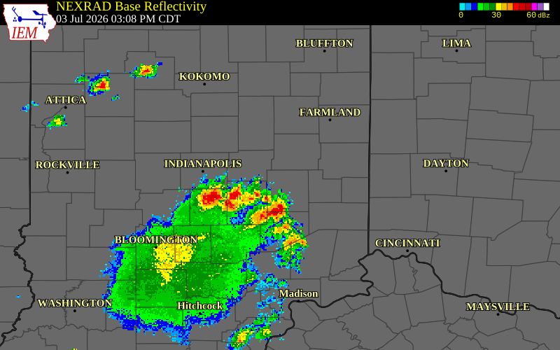 NEXRAD radar during the Friday, July 3, 2026 storm activity in Johnson County, Indiana