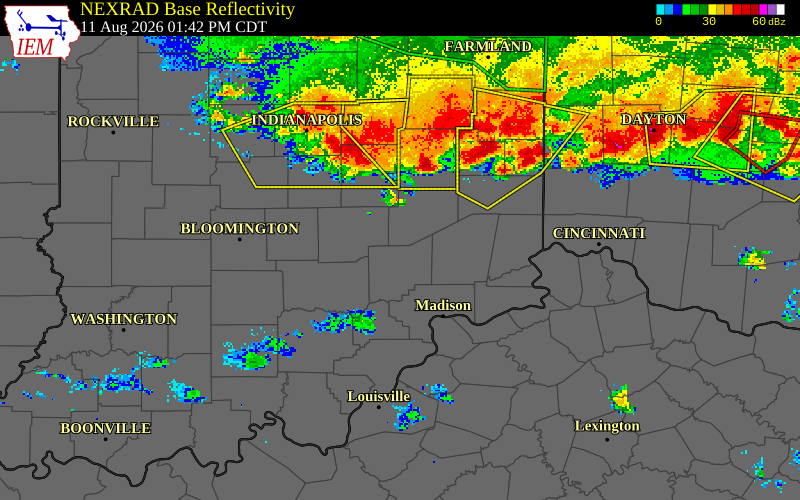 NEXRAD radar during the Tuesday, August 11, 2026 storm activity in Johnson County, Indiana