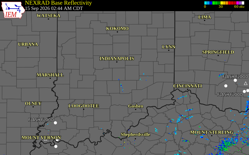 Current NEXRAD radar over Johnson County, Indiana with recent storm report locations