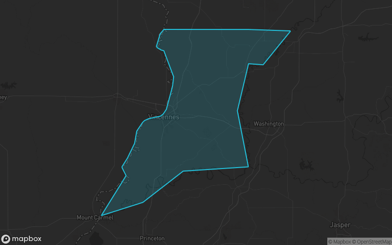 Map of Knox County, Indiana showing the county boundary and surrounding cities