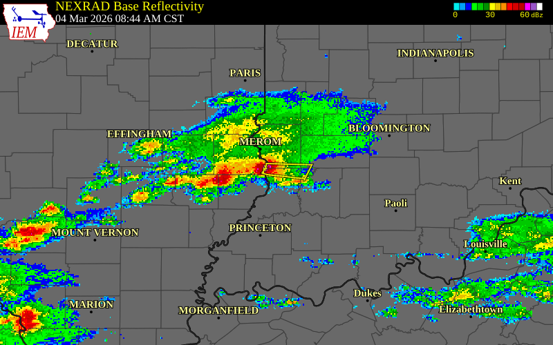 NEXRAD radar during the Wednesday, March 4, 2026 storm activity in Knox County, Indiana