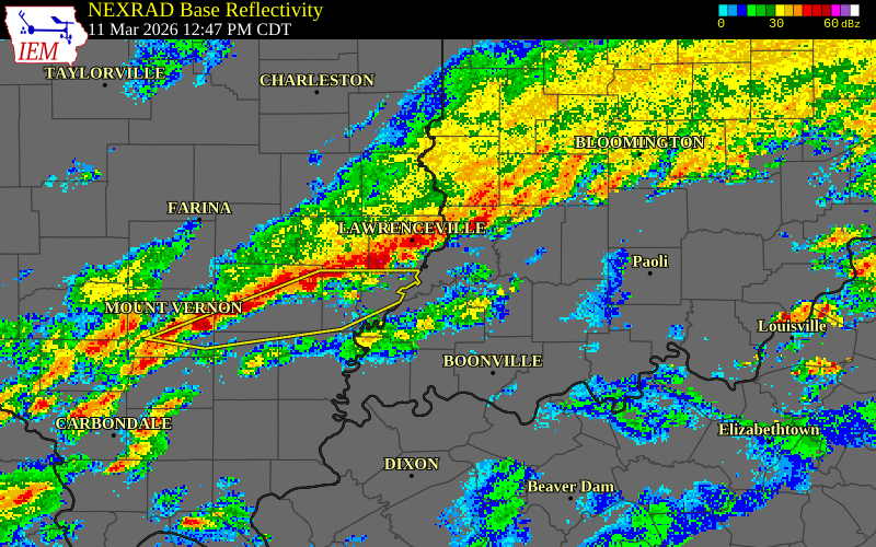 NEXRAD radar during the Wednesday, March 11, 2026 storm activity in Knox County, Indiana