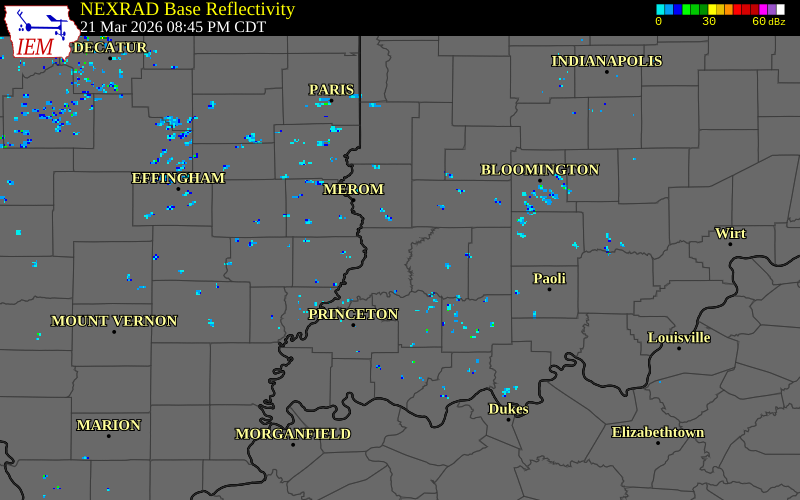 NEXRAD radar during the Saturday, March 21, 2026 storm activity in Knox County, Indiana