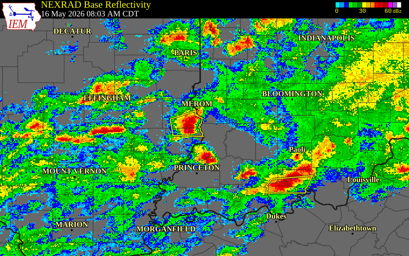 NEXRAD radar during the Saturday, May 16, 2026 storm activity in Knox County, Indiana