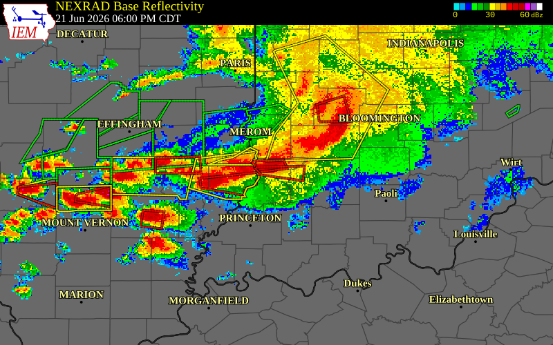 NEXRAD radar during the Sunday, June 21, 2026 storm activity in Knox County, Indiana