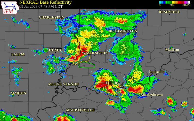 NEXRAD radar during the Thursday, July 9, 2026 storm activity in Knox County, Indiana