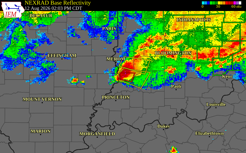 NEXRAD radar during the Wednesday, August 12, 2026 storm activity in Knox County, Indiana