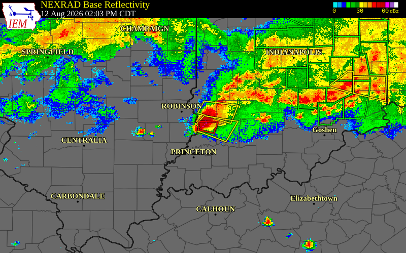 Radar snapshot during the Aug 12, 2026 tornado event near 3 NNW Bruceville, Knox County, Indiana, with NWS warning polygons