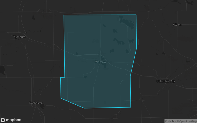 Map of Kosciusko County, Indiana showing the county boundary and surrounding cities
