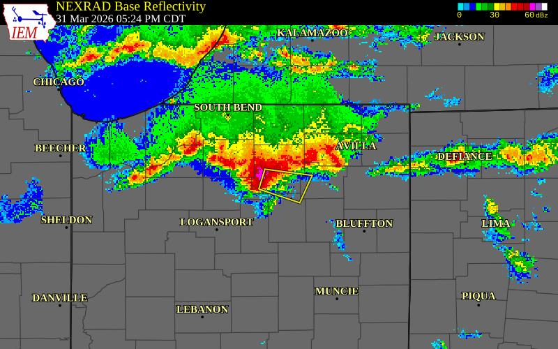 NEXRAD radar during the Tuesday, March 31, 2026 storm activity in Kosciusko County, Indiana