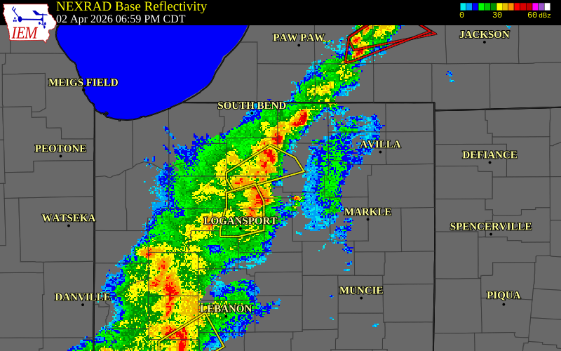 NEXRAD radar during the Thursday, April 2, 2026 storm activity in Kosciusko County, Indiana