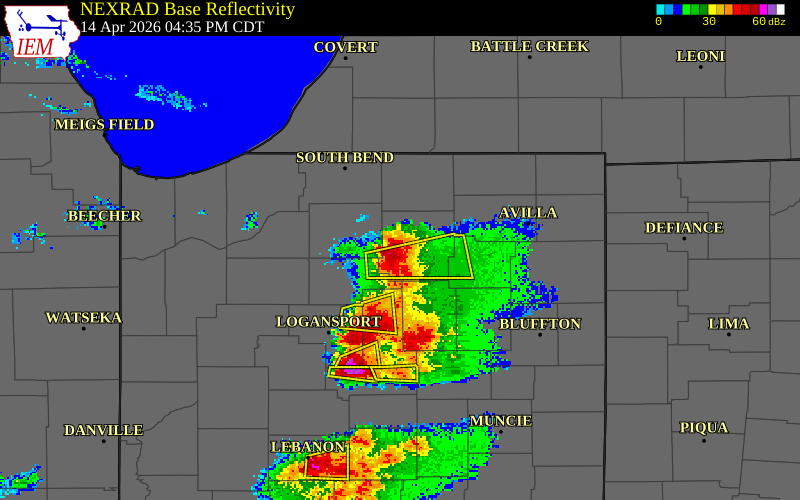 NEXRAD radar during the Tuesday, April 14, 2026 storm activity in Kosciusko County, Indiana