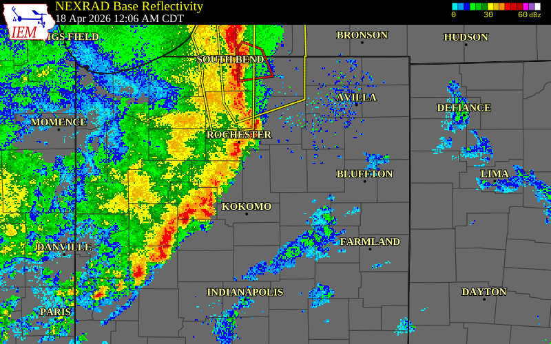 NEXRAD radar during the Saturday, April 18, 2026 storm activity in Kosciusko County, Indiana