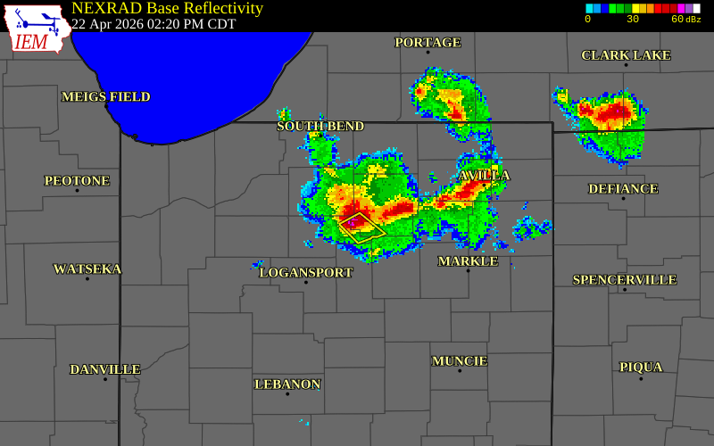 NEXRAD radar during the Wednesday, April 22, 2026 storm activity in Kosciusko County, Indiana