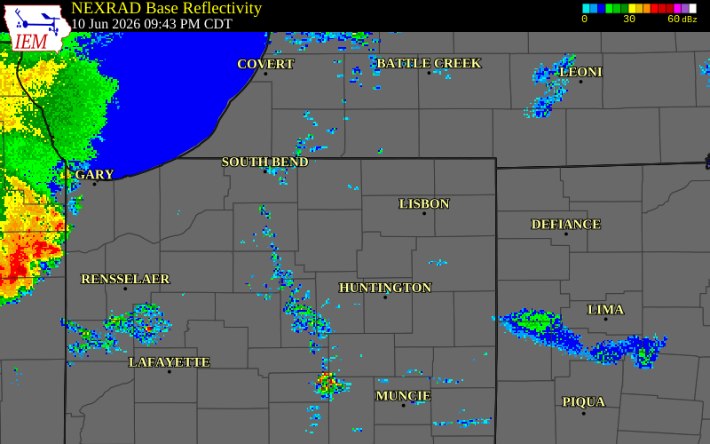 NEXRAD radar during the Wednesday, June 10, 2026 storm activity in Kosciusko County, Indiana