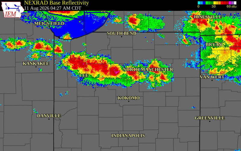 NEXRAD radar during the Tuesday, August 11, 2026 storm activity in Kosciusko County, Indiana