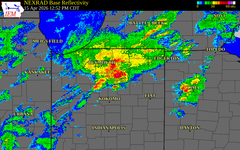 Radar snapshot during the Apr 15, 2026 hail event near Claypool, Kosciusko County, Indiana, with NWS warning polygons