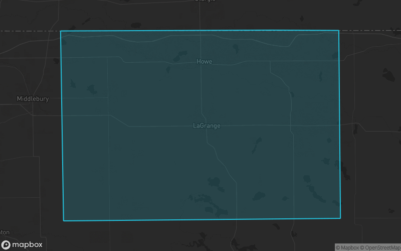 Map of LaGrange County, Indiana showing the county boundary and surrounding cities