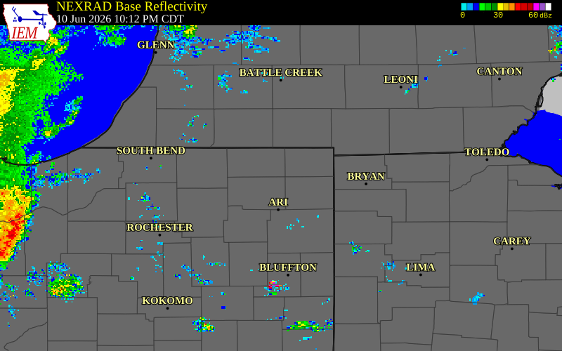 NEXRAD radar during the Wednesday, June 10, 2026 storm activity in LaGrange County, Indiana