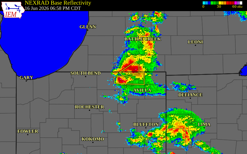 NEXRAD radar during the Tuesday, June 16, 2026 storm activity in LaGrange County, Indiana