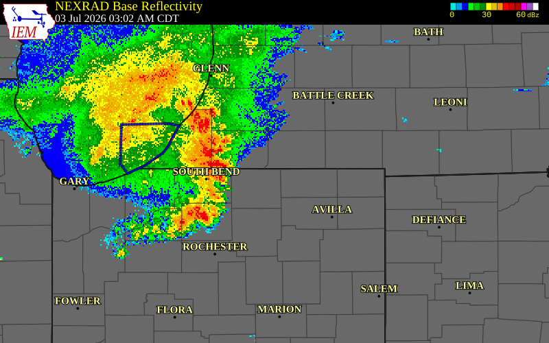 NEXRAD radar during the Friday, July 3, 2026 storm activity in LaGrange County, Indiana