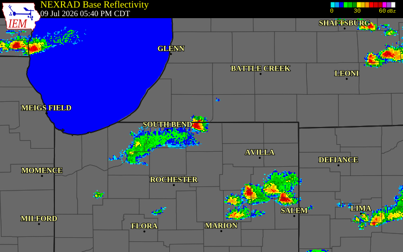 NEXRAD radar during the Thursday, July 9, 2026 storm activity in LaGrange County, Indiana
