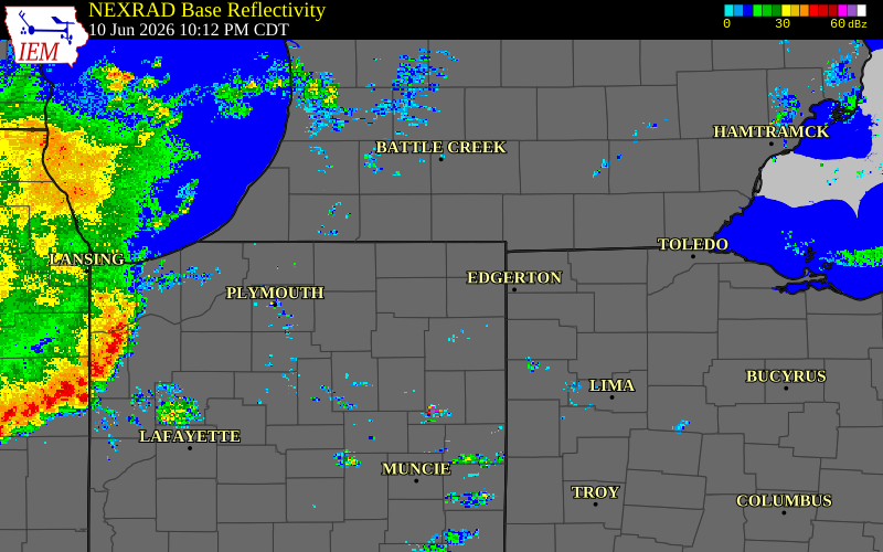 Radar snapshot during the Jun 10, 2026 tornado event near 2 SSE Big Long Lake, LaGrange County, Indiana, with NWS warning polygons