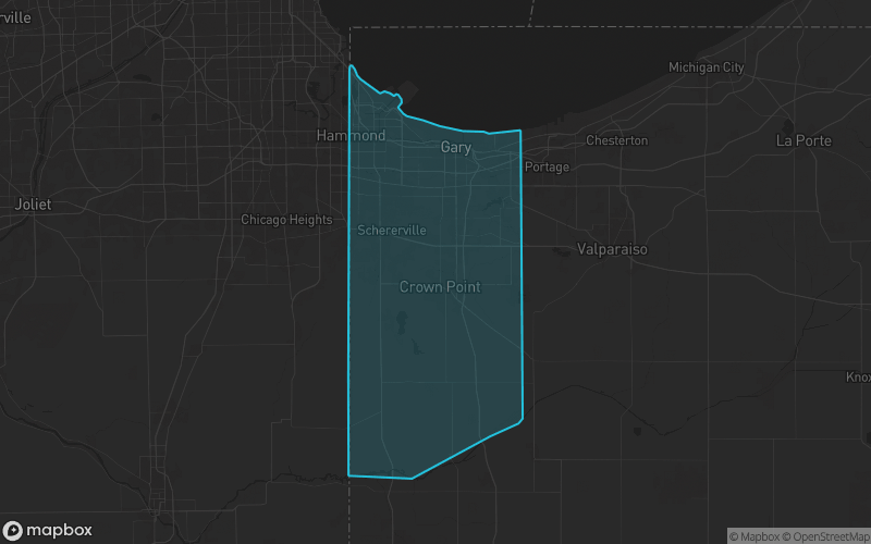 Map of Lake County, Indiana showing the county boundary and surrounding cities