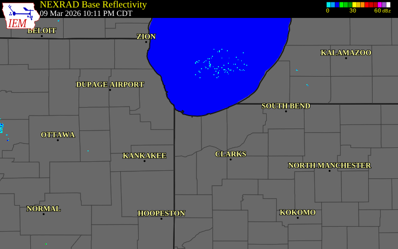 NEXRAD radar during the Monday, March 9, 2026 storm activity in Lake County, Indiana