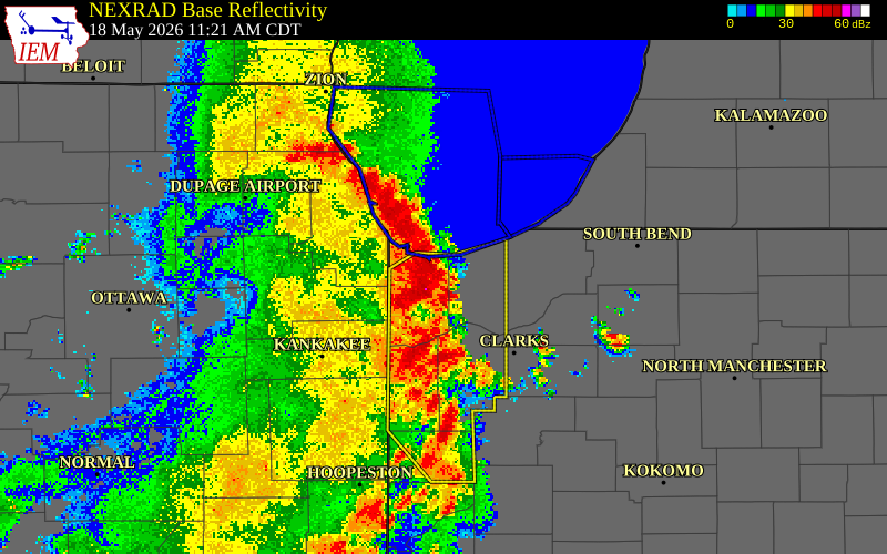 NEXRAD radar during the Monday, May 18, 2026 storm activity in Lake County, Indiana
