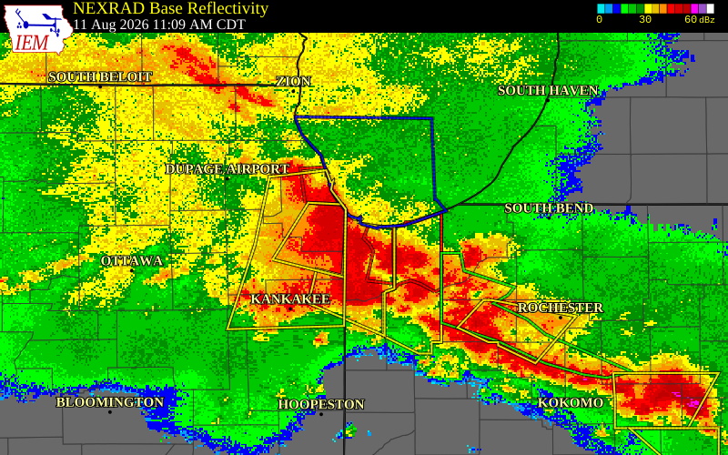 NEXRAD radar during the Tuesday, August 11, 2026 storm activity in Lake County, Indiana