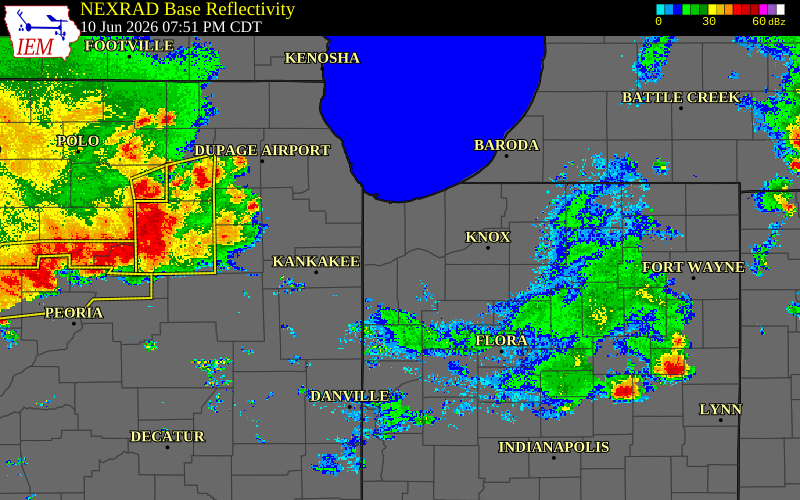 Radar snapshot during the Jun 10, 2026 tornado event near 4 SW Hebron, Lake County, Indiana, with NWS warning polygons