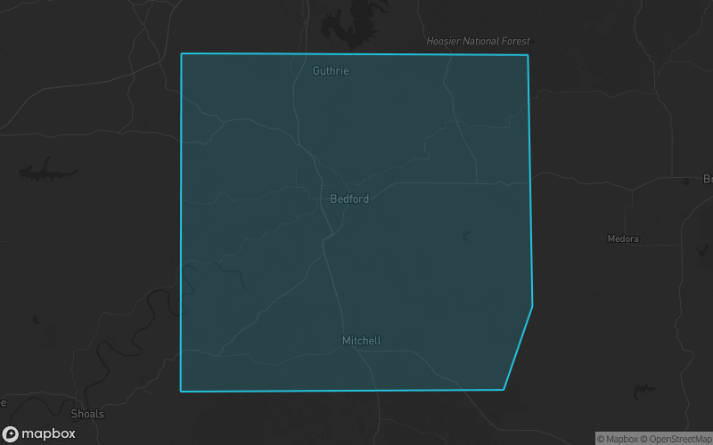 Map of Lawrence County, Indiana showing the county boundary and surrounding cities