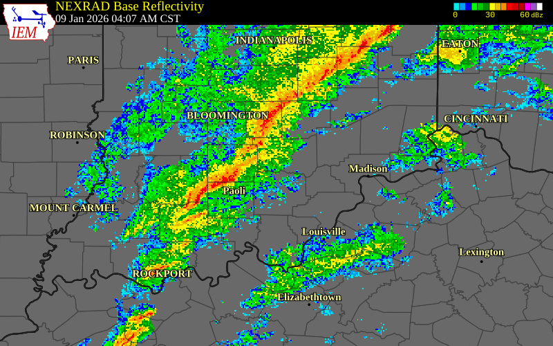 NEXRAD radar during the Friday, January 9, 2026 storm activity in Lawrence County, Indiana