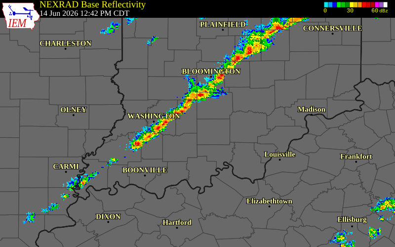 NEXRAD radar during the Sunday, June 14, 2026 storm activity in Lawrence County, Indiana