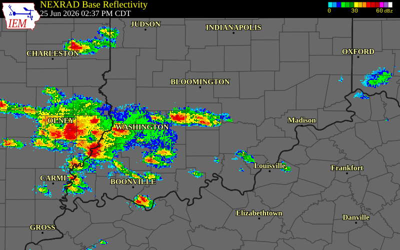 NEXRAD radar during the Thursday, June 25, 2026 storm activity in Lawrence County, Indiana