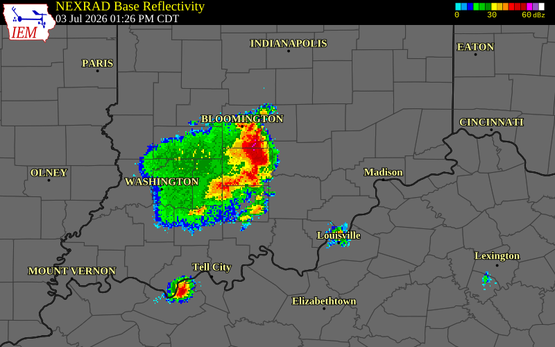NEXRAD radar during the Friday, July 3, 2026 storm activity in Lawrence County, Indiana