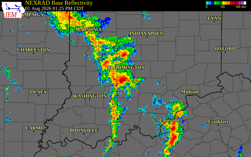 NEXRAD radar during the Saturday, August 1, 2026 storm activity in Lawrence County, Indiana
