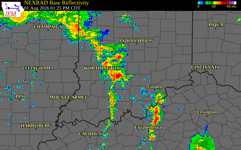 Radar snapshot during the Aug 1, 2026 wind event near Lawrence County, Lawrence County, Indiana, with NWS warning polygons