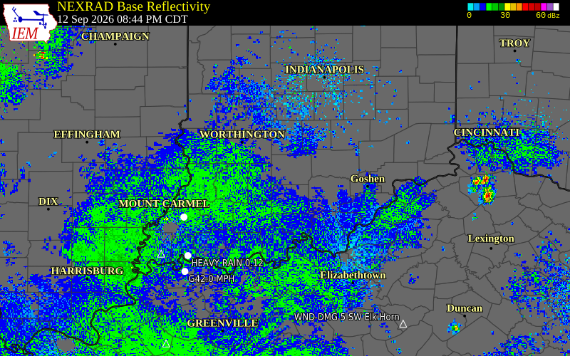Current NEXRAD radar over Lawrence County, Indiana with recent storm report locations