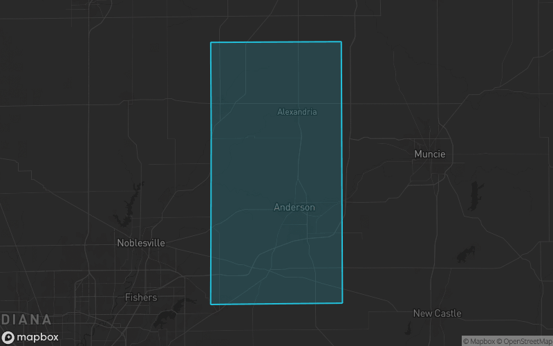 Map of Madison County, Indiana showing the county boundary and surrounding cities
