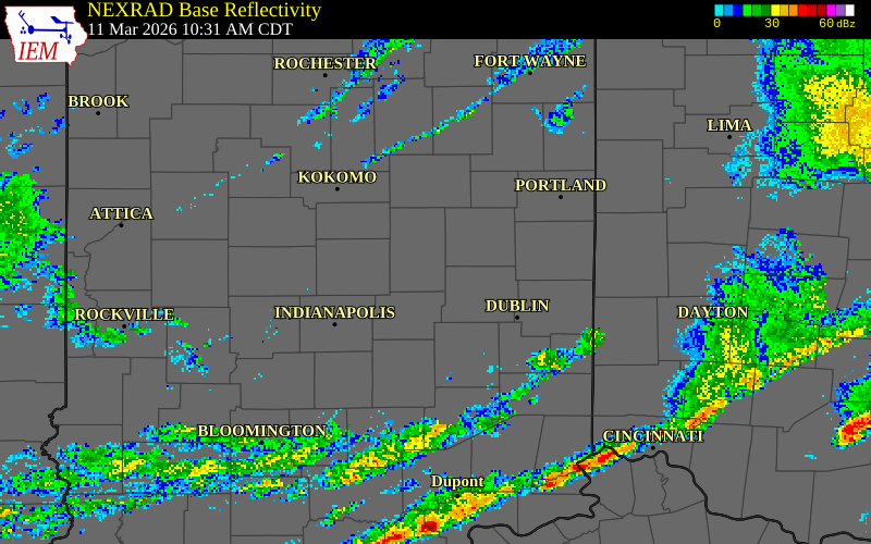 NEXRAD radar during the Wednesday, March 11, 2026 storm activity in Madison County, Indiana