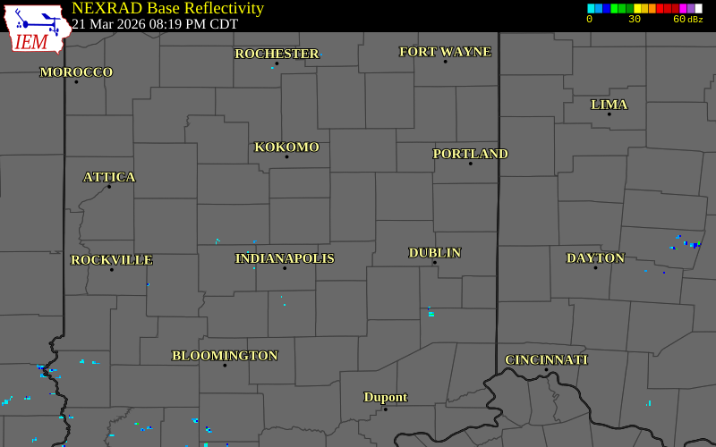NEXRAD radar during the Saturday, March 21, 2026 storm activity in Madison County, Indiana