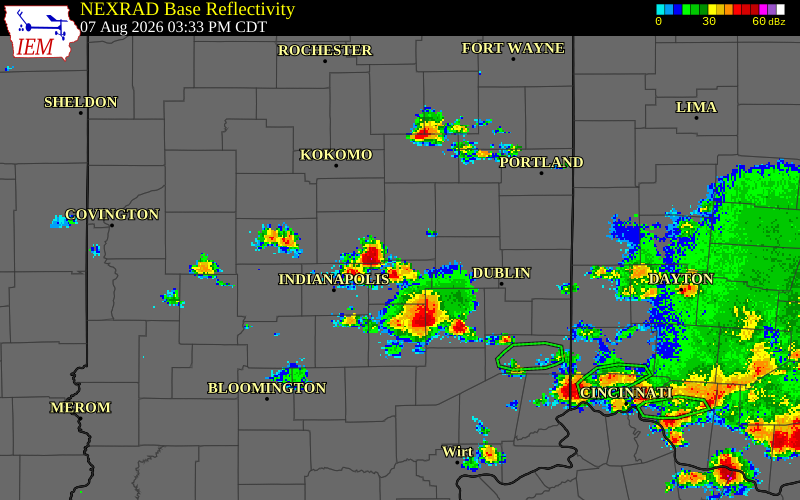 NEXRAD radar during the Friday, August 7, 2026 storm activity in Madison County, Indiana