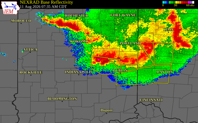 NEXRAD radar during the Tuesday, August 11, 2026 storm activity in Madison County, Indiana