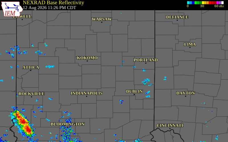 NEXRAD radar during the Thursday, August 13, 2026 storm activity in Madison County, Indiana