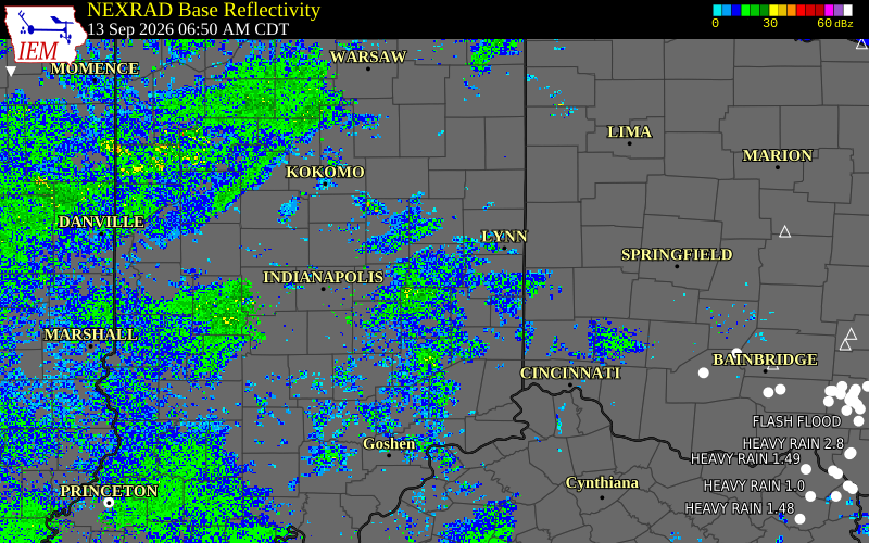 Current NEXRAD radar over Madison County, Indiana with recent storm report locations