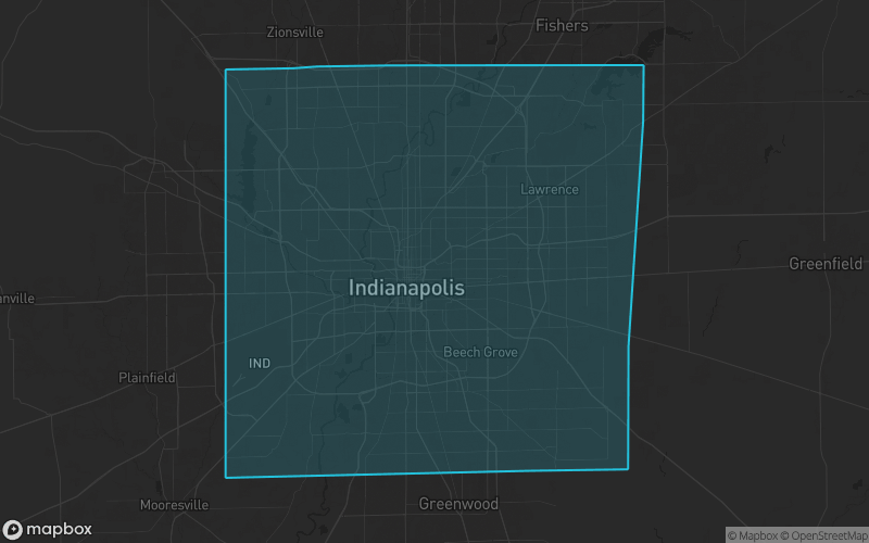 Map of Marion County, Indiana showing the county boundary and surrounding cities